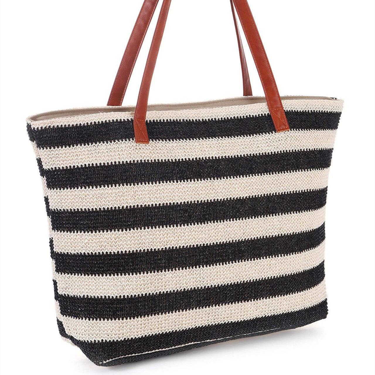Basic Beaches Collective Black Stripes Sunshine Straw Beach Bag Sunshine Straw Beach Bag