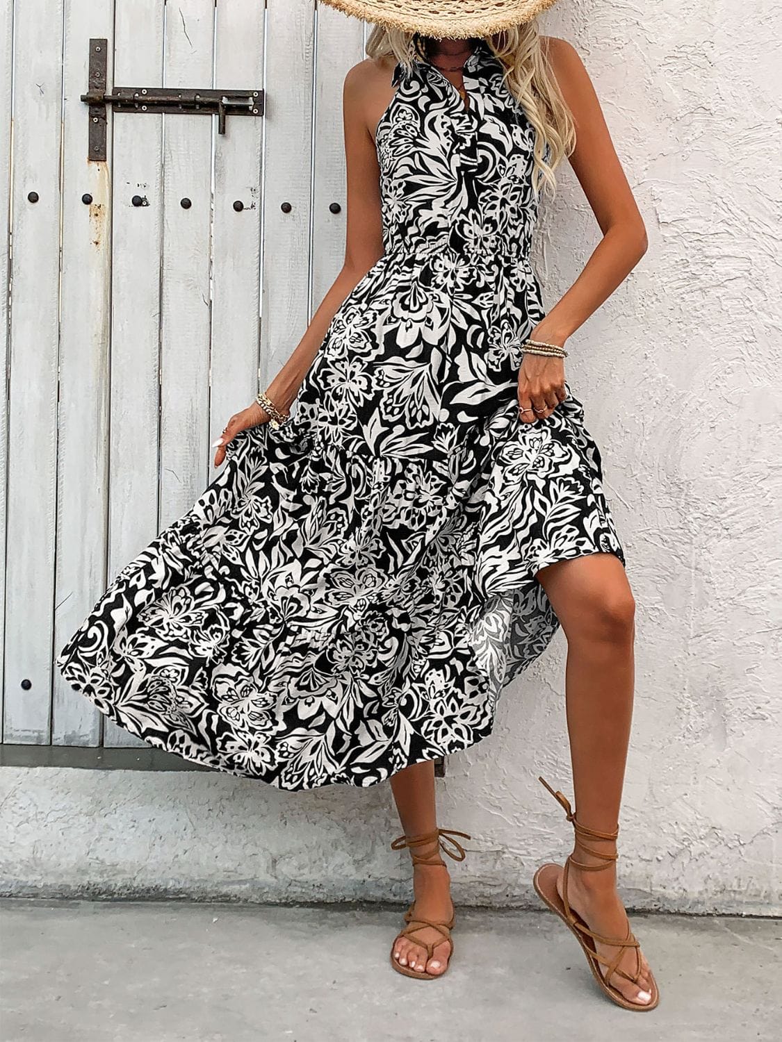 Trendsi Backless Smocked Printed Sleeveless Midi Dress Backless Smocked Printed Sleeveless Midi Dress