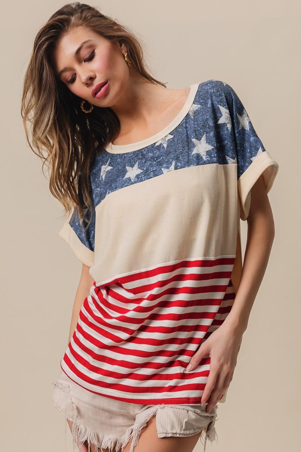 Trendsi BiBi American Flag Theme Short Sleeve T-Shirt BiBi American Flag Theme Short Sleeve T-Shirt