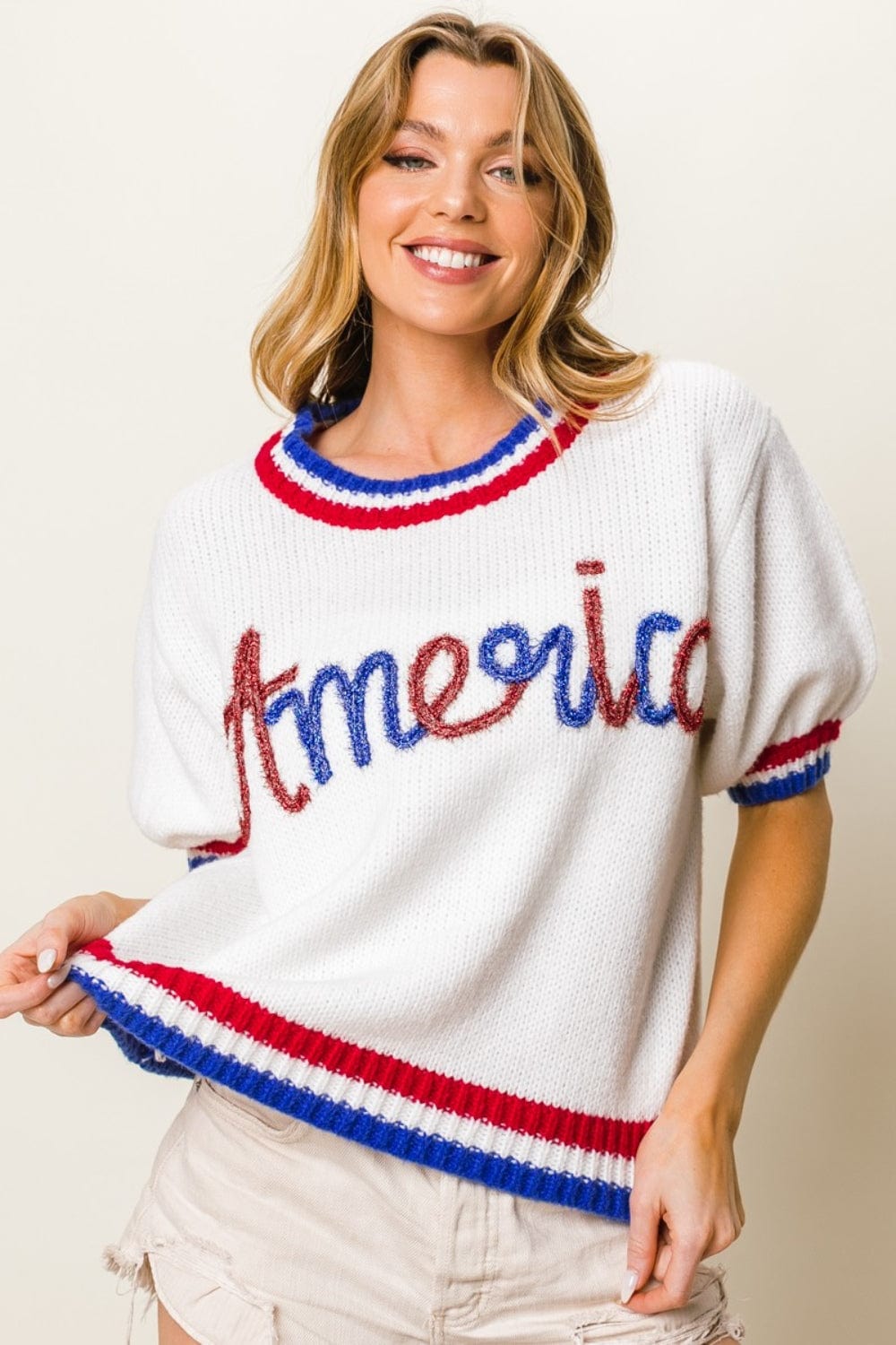 Trendsi BiBi Metallic America Letter Short Sleeve Sweater BiBi Metallic America Letter Short Sleeve Sweater