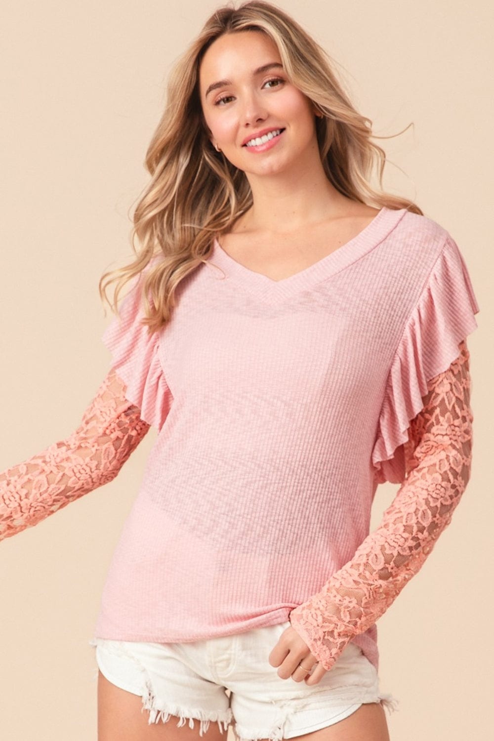 Trendsi BiBi Ruffled Lace Sleeve Rib Knit Top BiBi Ruffled Lace Sleeve Rib Knit Top