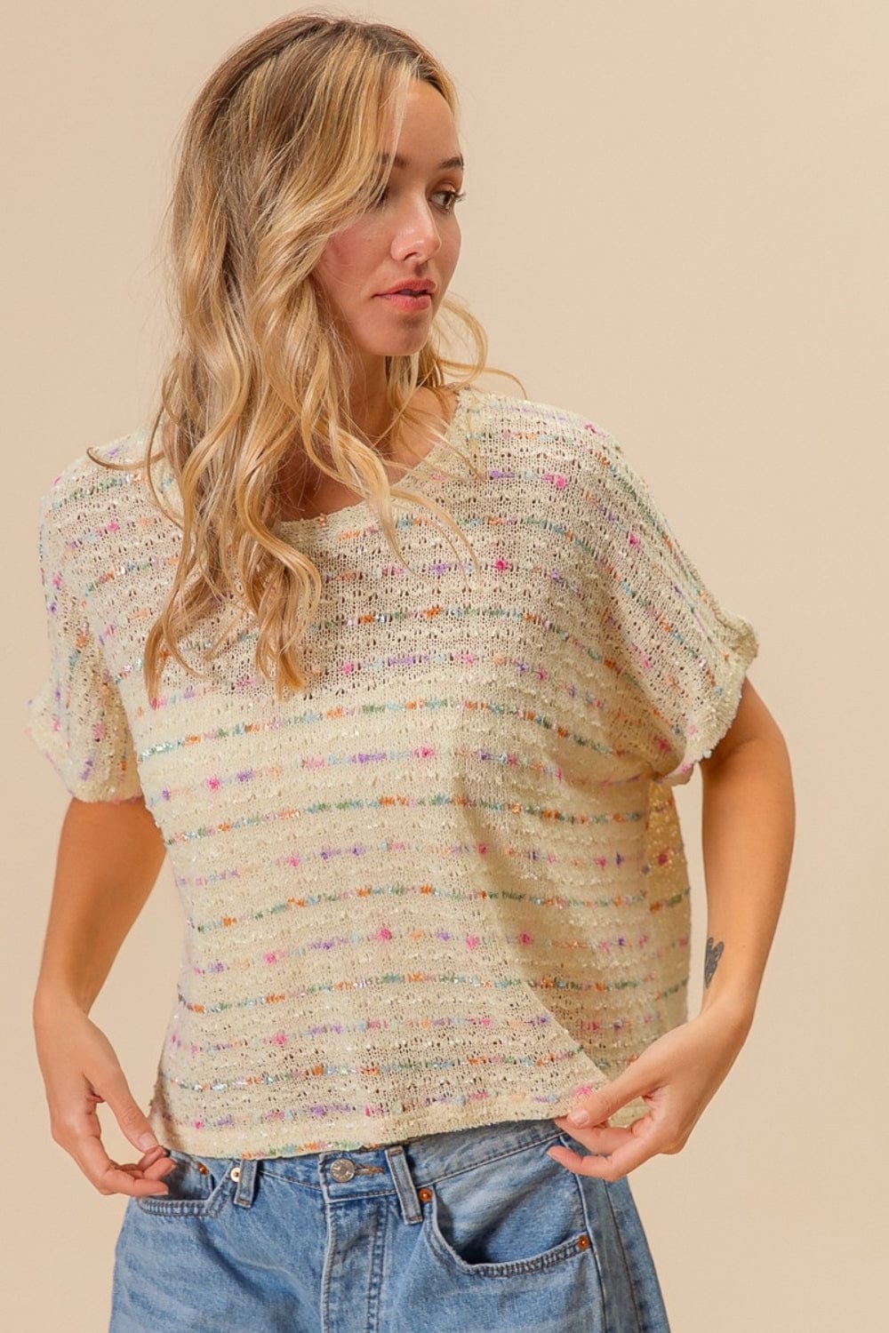 Trendsi BiBi Striped Popcorn Knit Top BiBi Striped Popcorn Knit Top