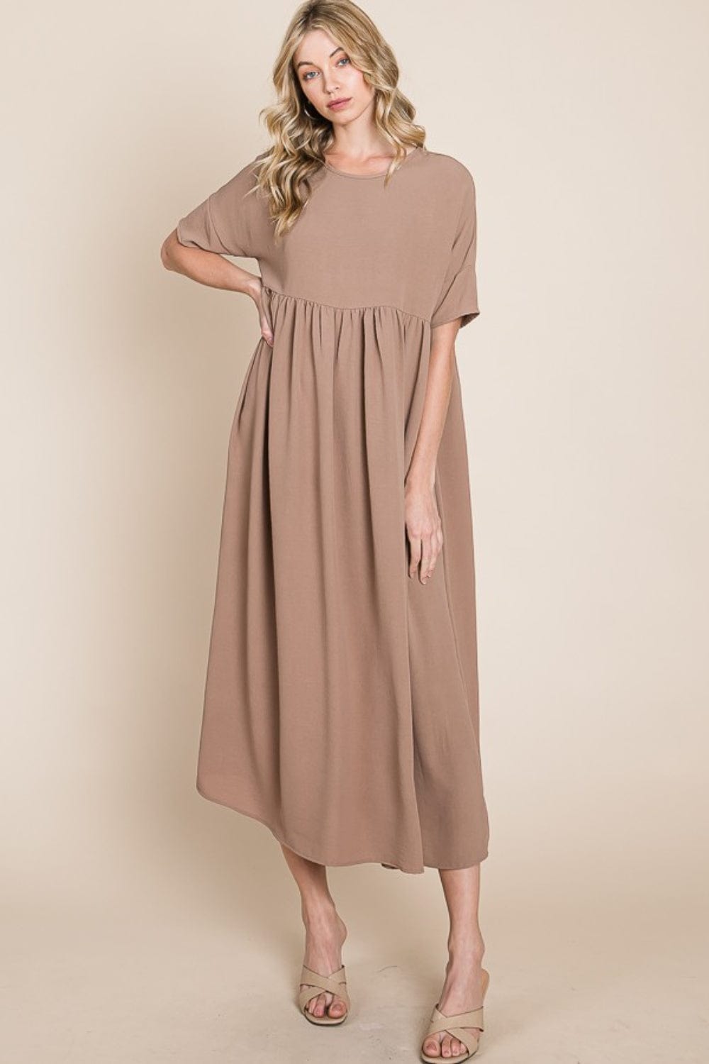 Trendsi BOMBOM Round Neck Ruched Midi Dress BOMBOM Round Neck Ruched Midi Dress