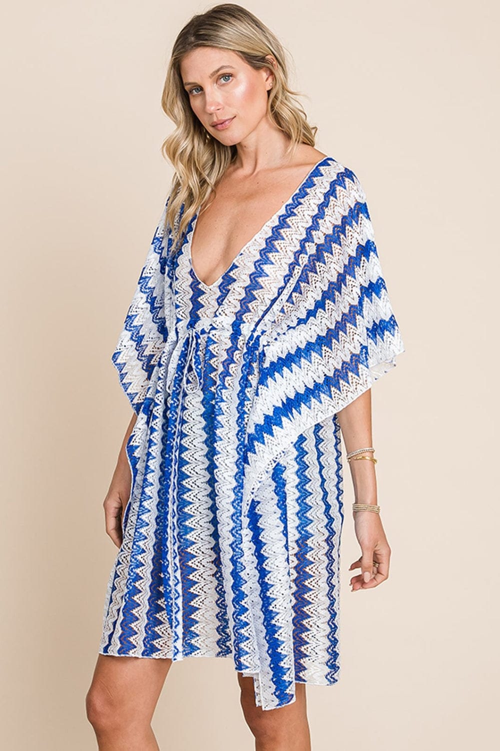 Trendsi Cotton Bleu by Nu Lab Tied Striped Plunge Half Sleeve Cover-Up Cotton Bleu by Nu Lab Tied Striped Plunge Half Sleeve Cover-Up
