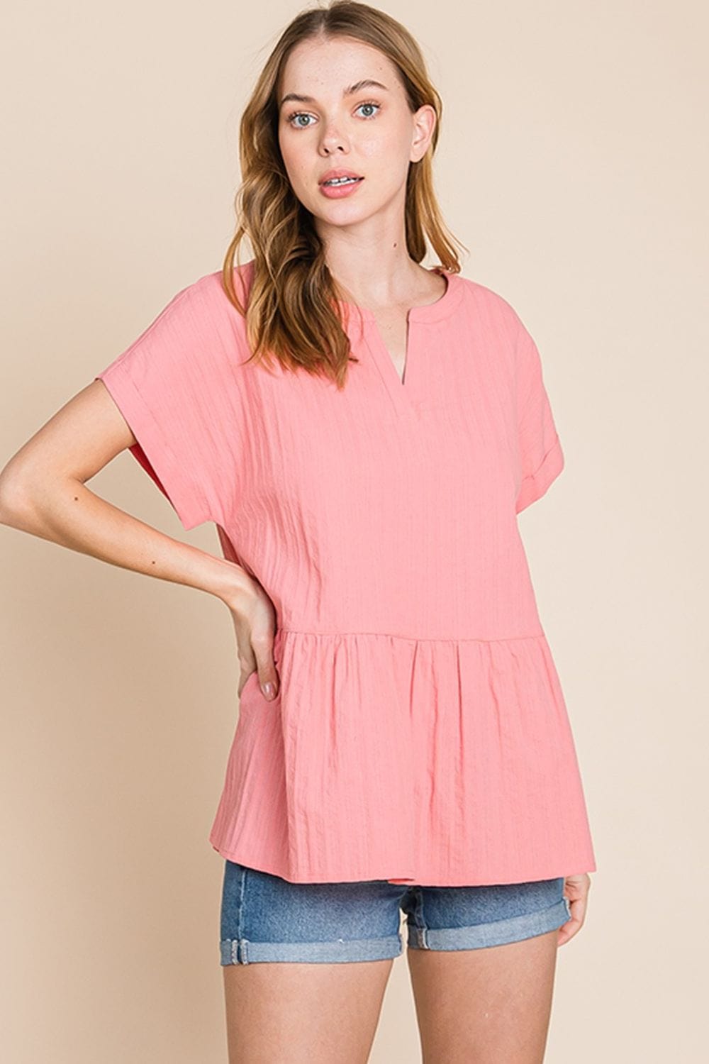 Trendsi Cotton Bleu by Nu Label Notched Short Sleeve Peplum Top Cotton Bleu by Nu Label Notched Short Sleeve Peplum Top