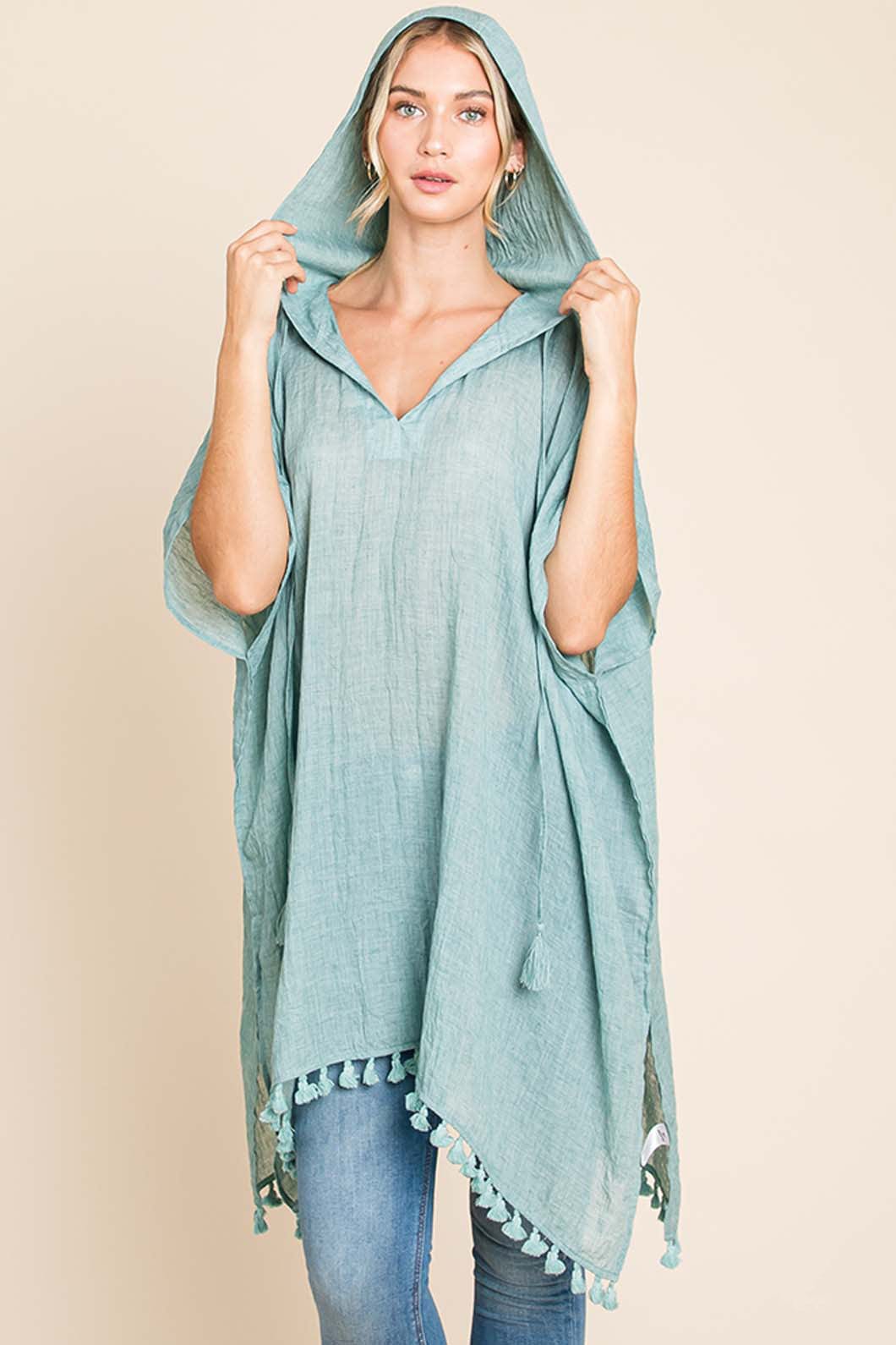 Trendsi Cotton Bleu by Nu Label Tassel Hem Hooded Cover Up Cotton Bleu by Nu Label Tassel Hem Hooded Cover Up