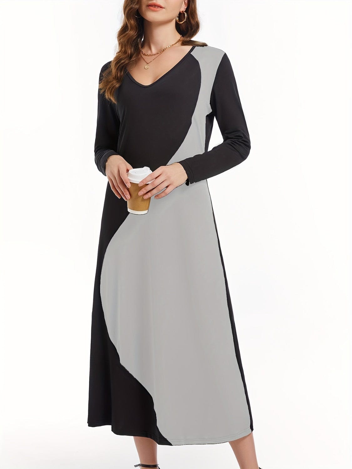 Trendsi Fall Contrast Long Sleeve Midi Dress Contrast Long Sleeve Midi Dress