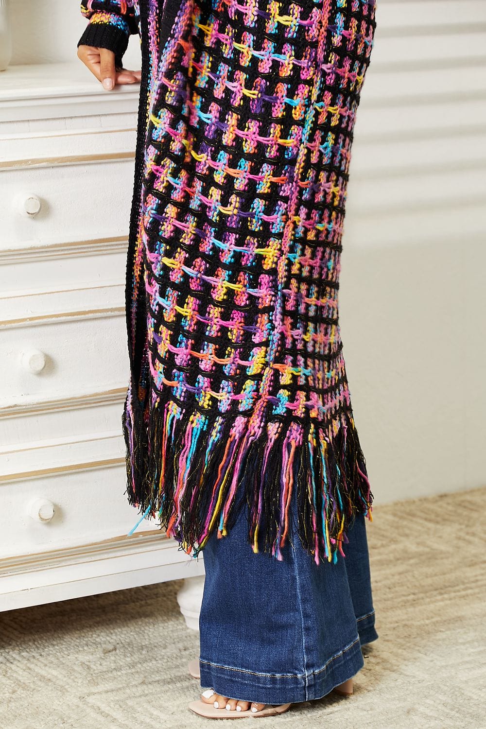 Trendsi Fall Full Size Multicolored Open Front Fringe Hem Cardigan Full Size Multicolored Open Front Fringe Hem Cardigan