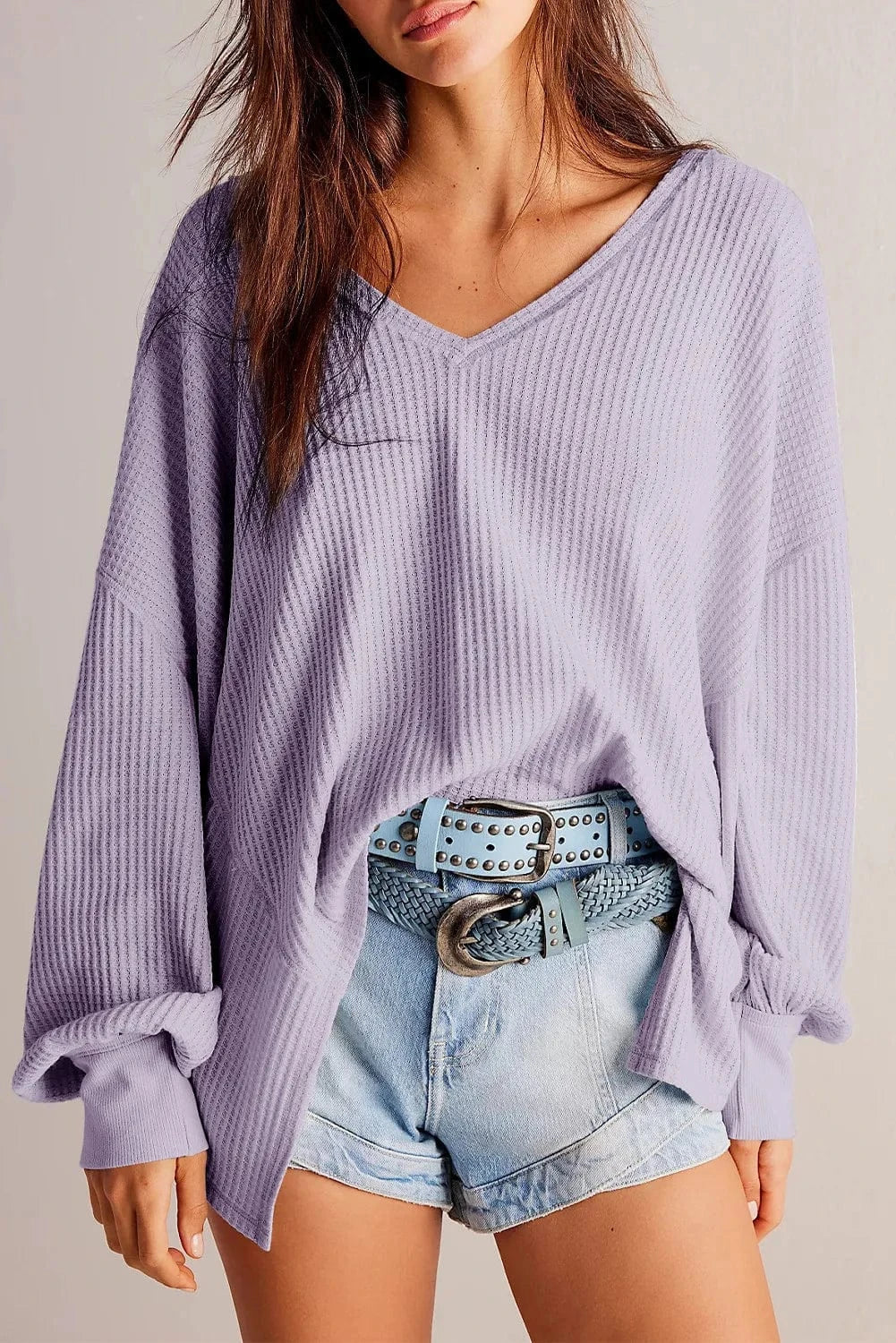 Trendsi Fall Lavender / M Waffle-Knit V-Neck Long Sleeve Top Waffle-Knit V-Neck Long Sleeve Top