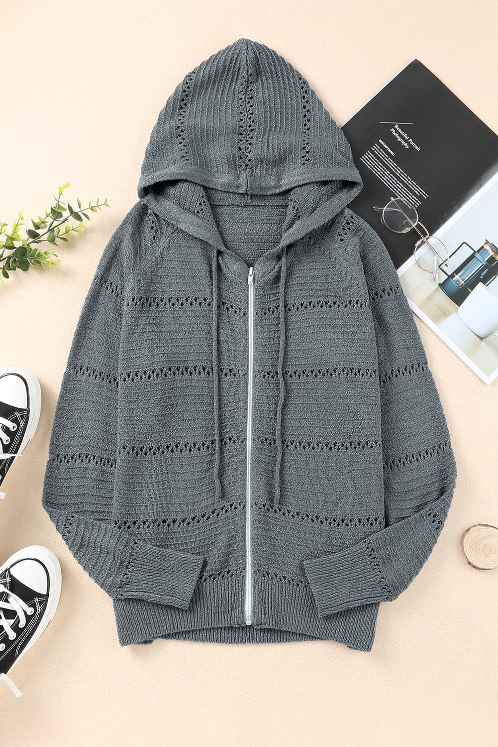 Trendsi Fall Mid Gray / S Zip-Up Raglan Sleeve Openwork Hooded Cardigan Zip-Up Raglan Sleeve Openwork Hooded Cardigan
