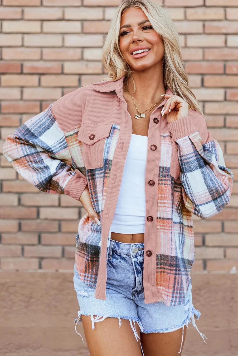 Trendsi Fall Pale Blush / 2XL Plaid Button Up Long Sleeve Shacket Plaid Button Up Long Sleeve Shacket