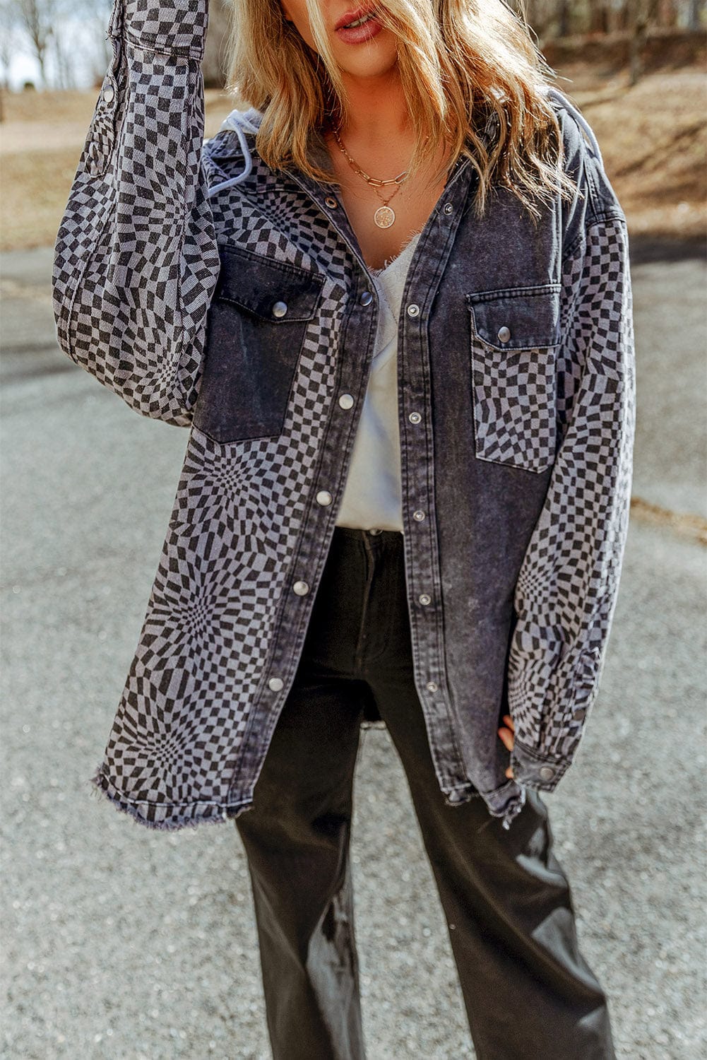 Trendsi Fall Plaid Snap Down Raw Hem Drawstring Hooded Jacket Plaid Snap Down Raw Hem Drawstring Hooded Jacket