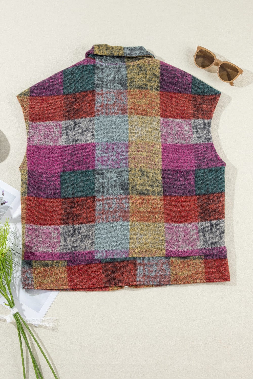 Trendsi Fall Plaid Zip Up Collared Neck Vest Coat Plaid Zip Up Collared Neck Vest Coat