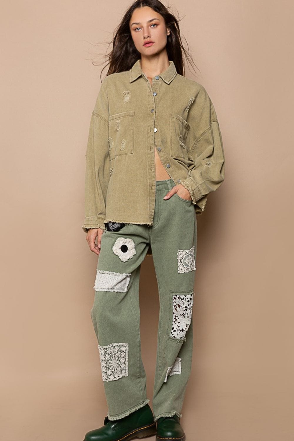 Trendsi Fall POL Button Down Raw Hem Distressed Shacket POL Button Down Raw Hem Distressed Shacket
