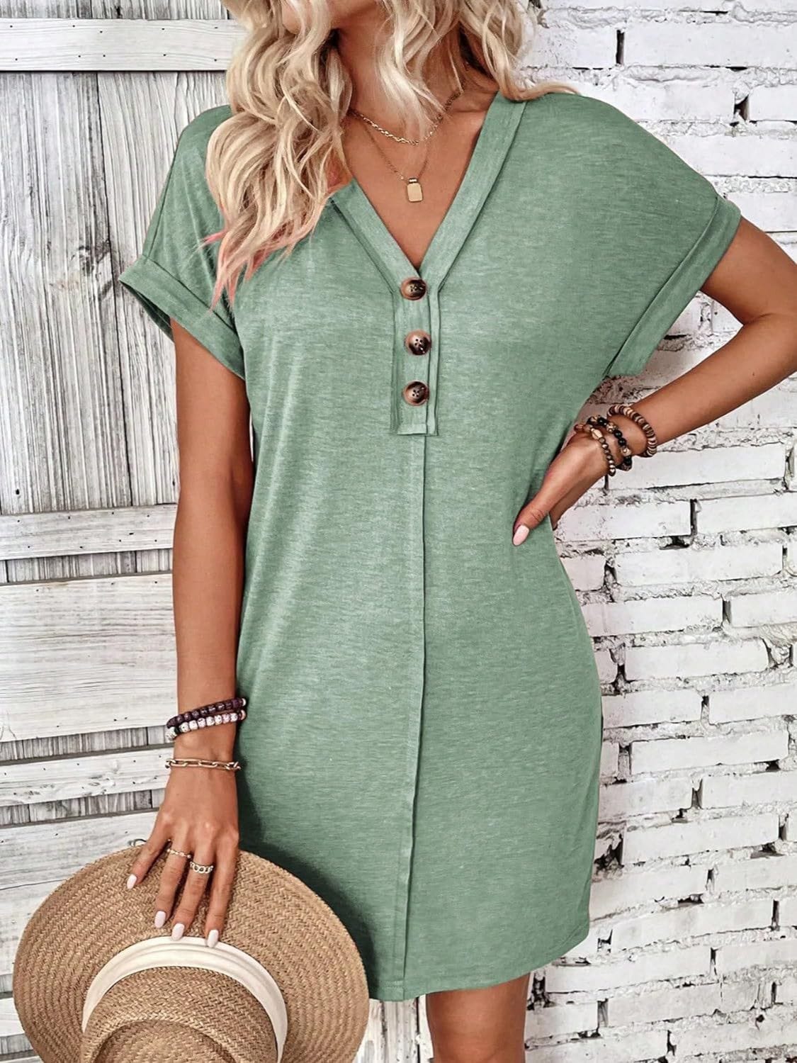 Trendsi Fall Quarter Button V-Neck Short Sleeve Dress Quarter Button V-Neck Short Sleeve Dress