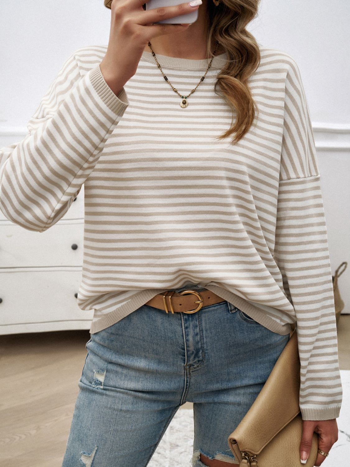 Trendsi Fall Striped Round Neck Dropped Shoulder Sweater Striped Round Neck Dropped Shoulder Sweater