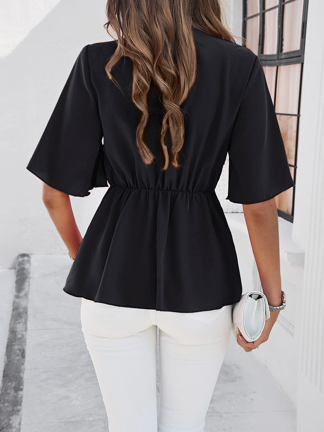 Trendsi Fall Surplice Tie Waist Half Sleeve Blouse Surplice Tie Waist Half Sleeve Blouse