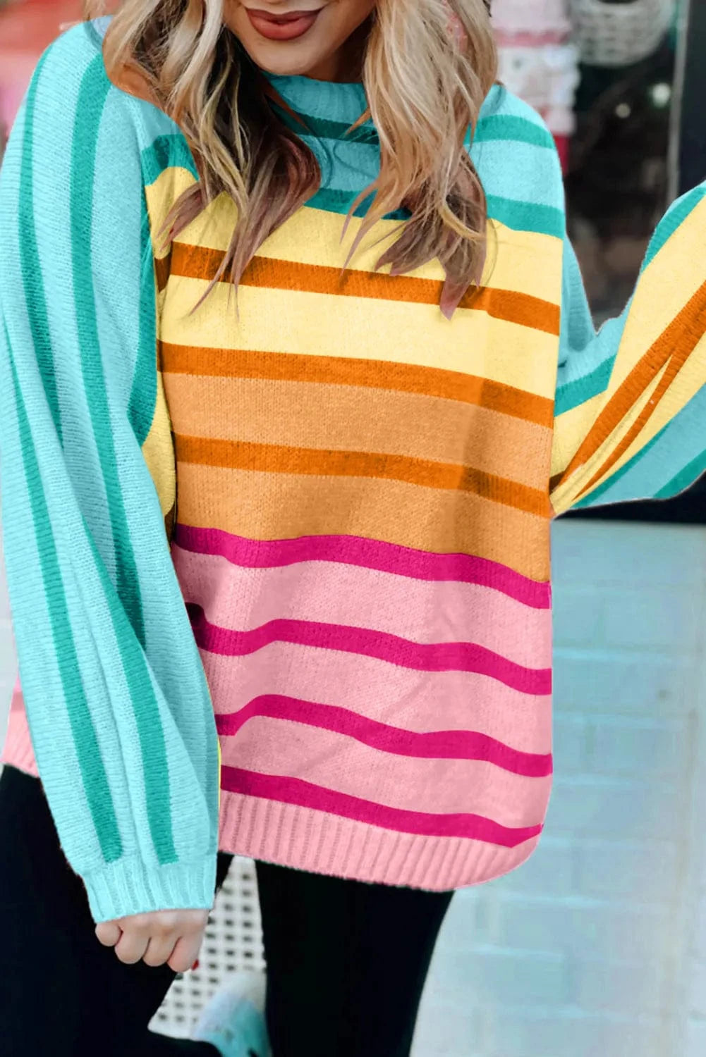 Trendsi Fall Turquoise / S Contrast Striped Round Neck Long Sleeve Knit Top Contrast Striped Round Neck Long Sleeve Knit Top