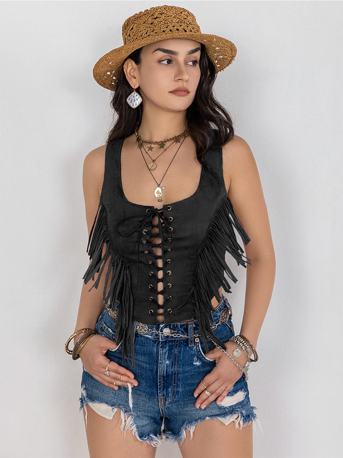 Trendsi Fringe Lace-Up Vest Fringe Lace-Up Vest