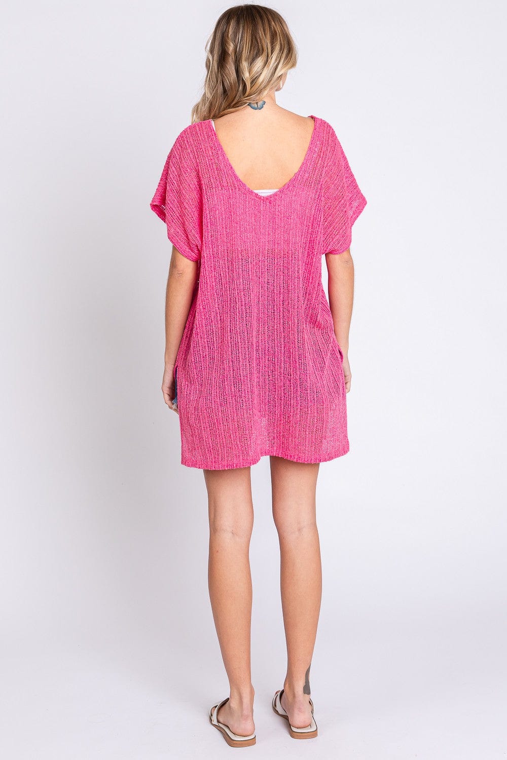 Trendsi GeeGee Short Sleeve Side Slit Knit Cover Up Dress GeeGee Short Sleeve Side Slit Knit Cover Up Dress