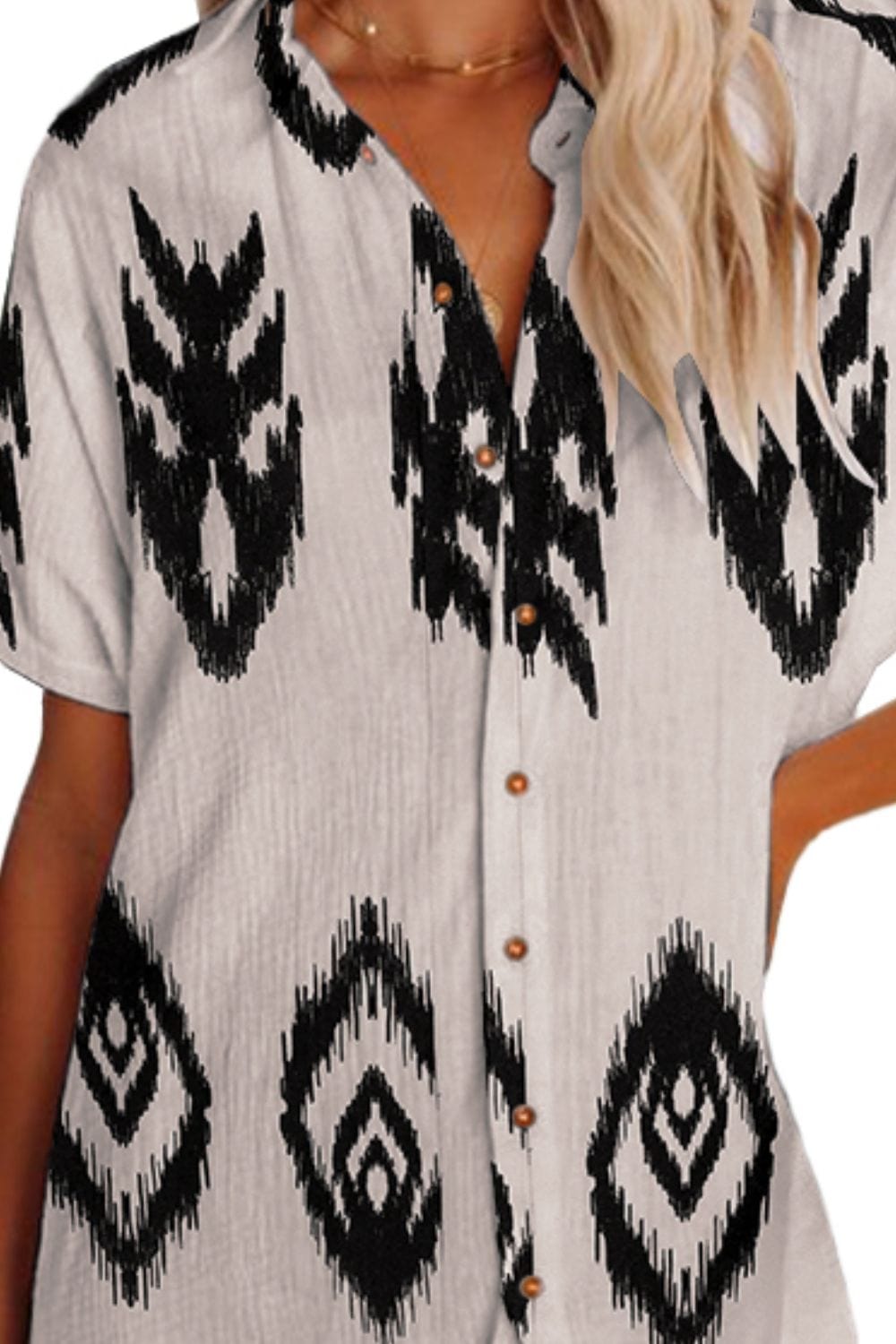 Trendsi Geometric Button Up Short Sleeve Cover Up Geometric Button Up Short Sleeve Cover Up