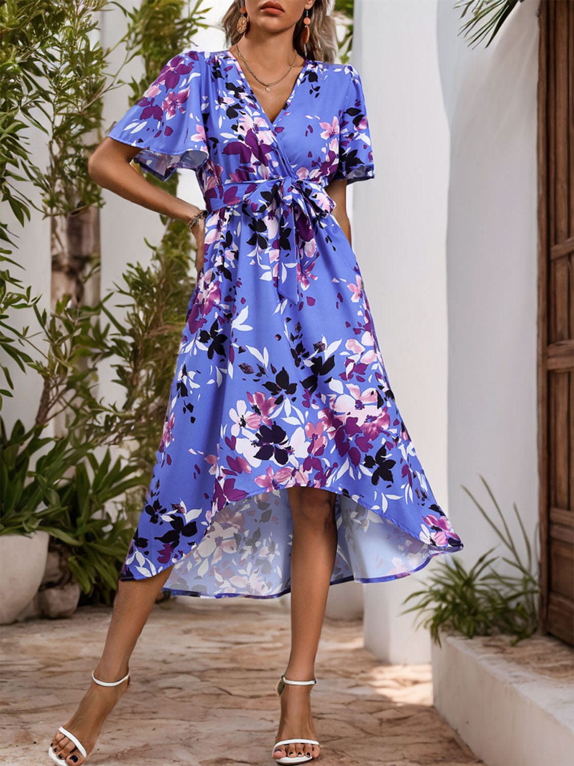 Trendsi High-Low Printed Surplice Short Sleeve Midi Dress High-Low Printed Surplice Short Sleeve Midi Dress