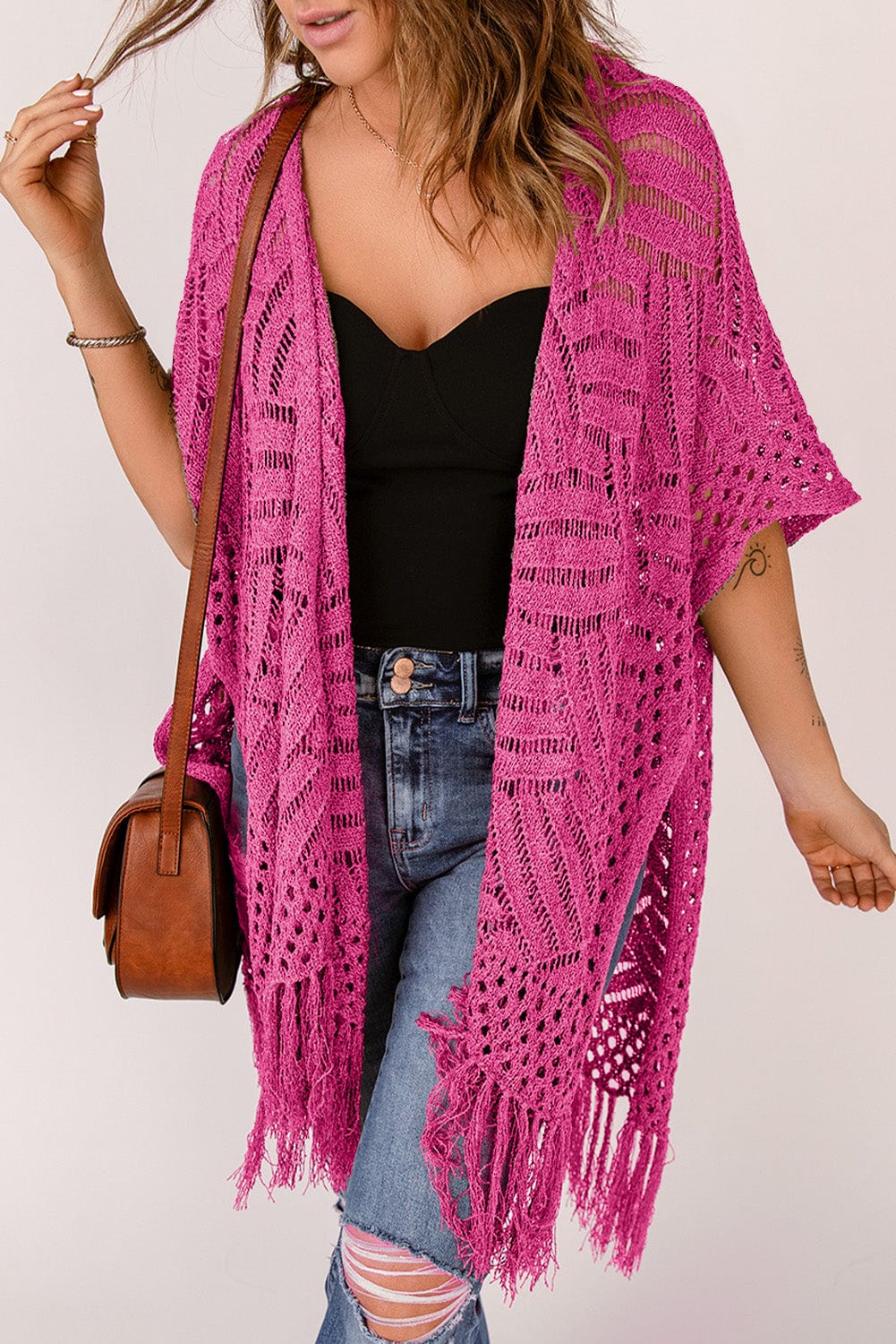 Trendsi Hot Pink / One Size Openwork Open Front Cardigan with Fringes Openwork Open Front Cardigan with Fringes