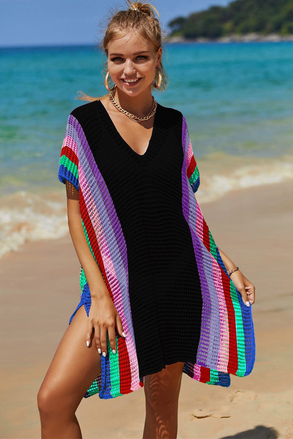 Trendsi Openwork Striped Slit Knit Cover Up Openwork Striped Slit Knit Cover Up
