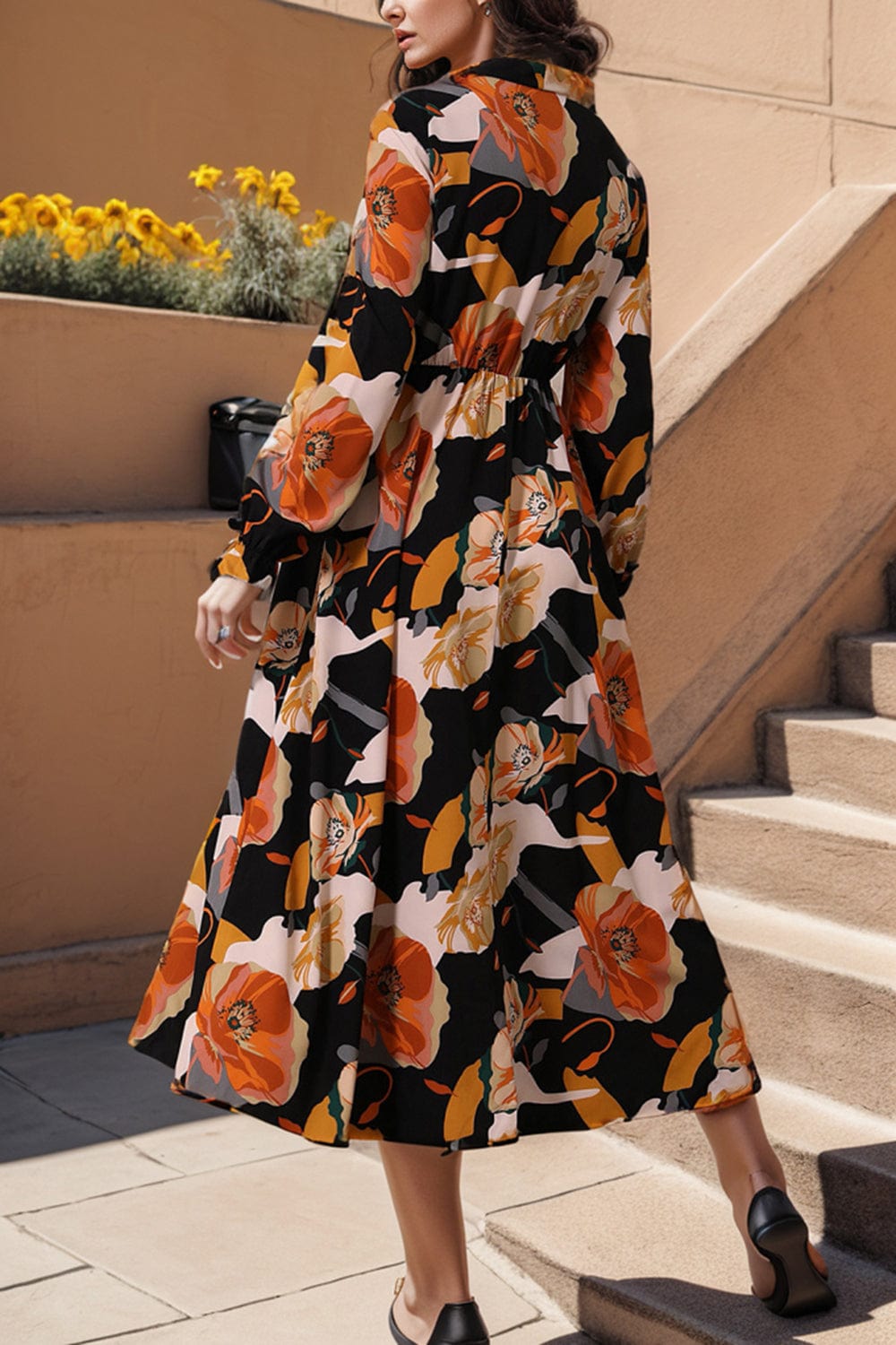 Trendsi Printed Tie Neck Flounce Sleeve Dress Printed Tie Neck Flounce Sleeve Dress