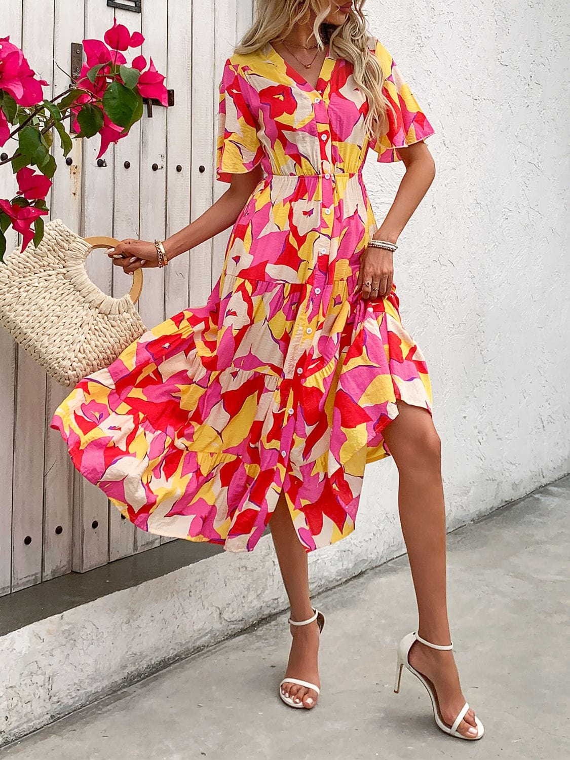 Trendsi Printed V-Neck Flutter Sleeve Midi Dress Printed V-Neck Flutter Sleeve Midi Dress
