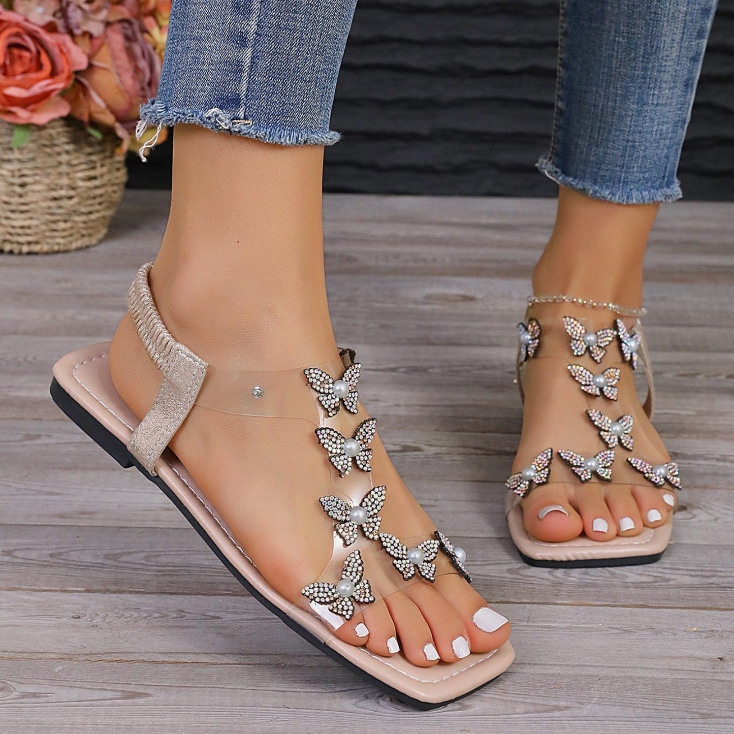 Trendsi Rhinestone Butterfly Flat Sandals Rhinestone Butterfly Flat Sandals