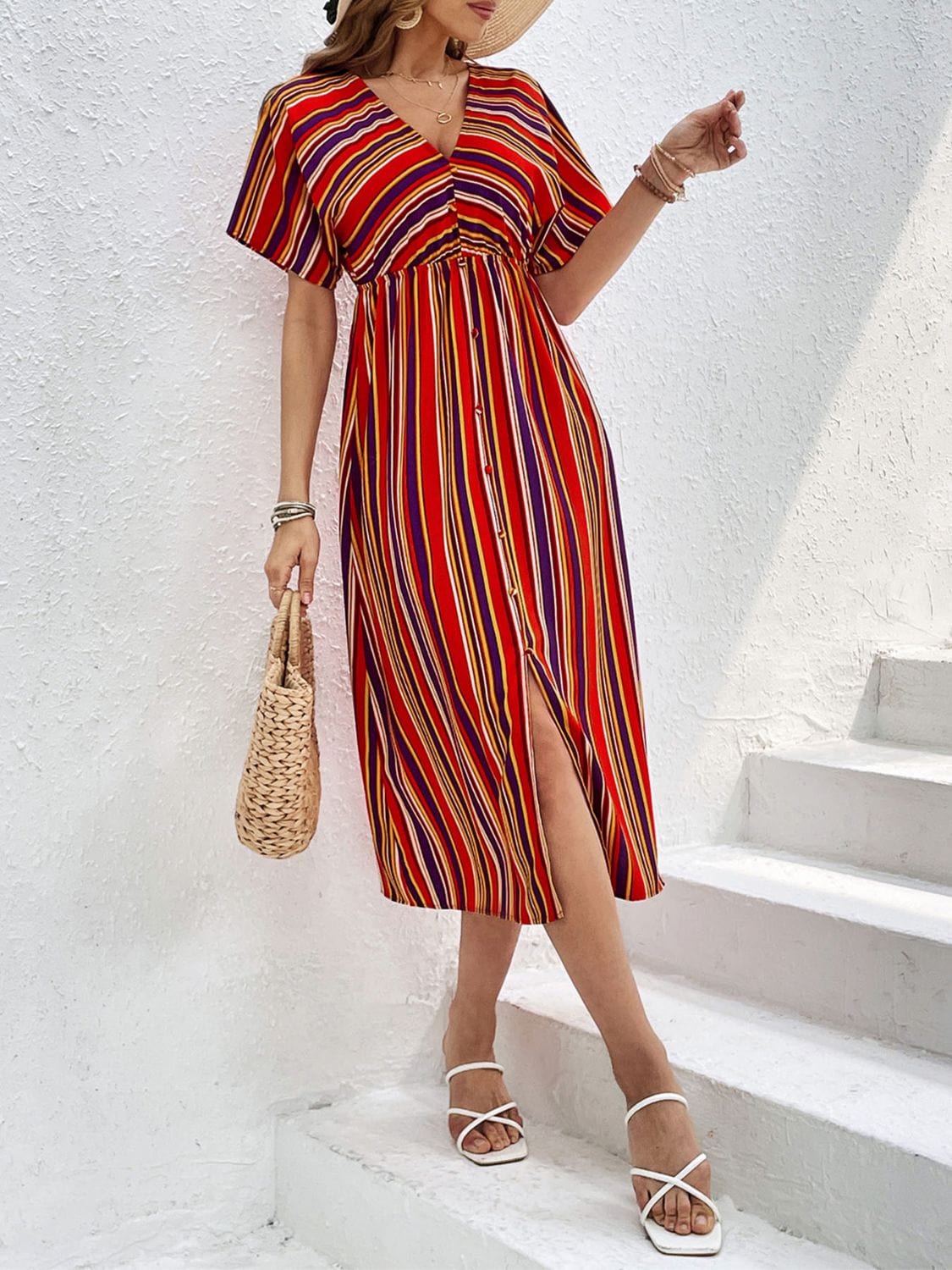Trendsi Slit Striped V-Neck Short Sleeve Midi Dress Slit Striped V-Neck Short Sleeve Midi Dress