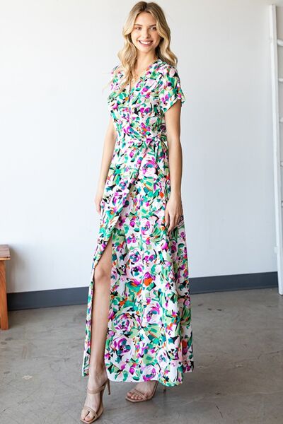 First Love Slit Printed Surplice Tie Waist Short Sleeve Dress - Basic Beaches Collective