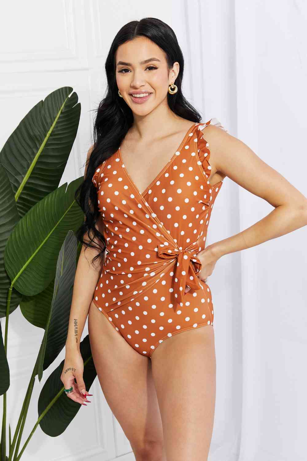 The Vivian Ruffle Faux Wrap One Piece in Terracotta Basic