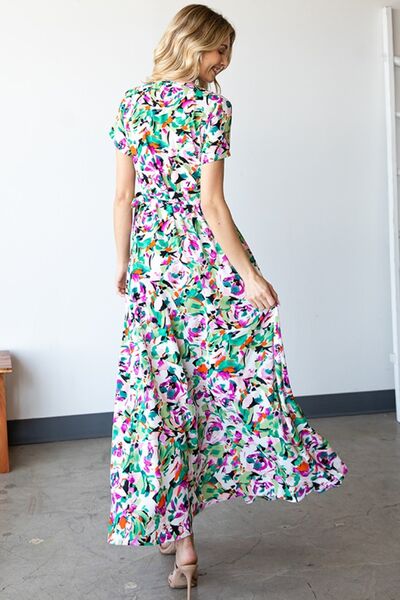 First Love Slit Printed Surplice Tie Waist Short Sleeve Dress - Basic Beaches Collective