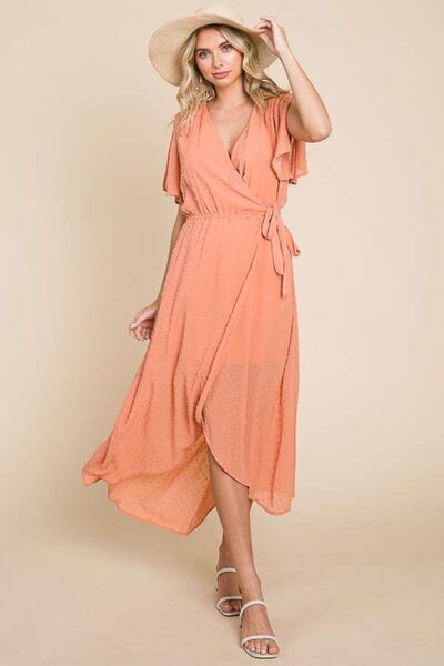 Culture Code Full Size Swiss Dot Tied Slit Short Sleeve Dress - Basic Beaches Collective