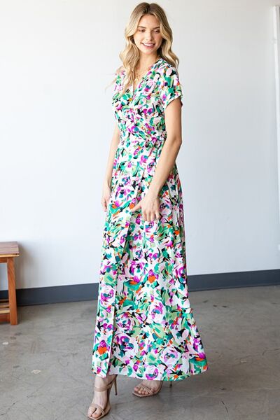 First Love Slit Printed Surplice Tie Waist Short Sleeve Dress - Basic Beaches Collective