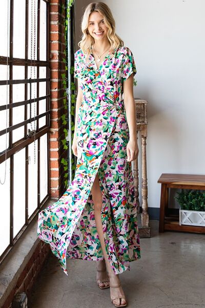 First Love Slit Printed Surplice Tie Waist Short Sleeve Dress - Basic Beaches Collective