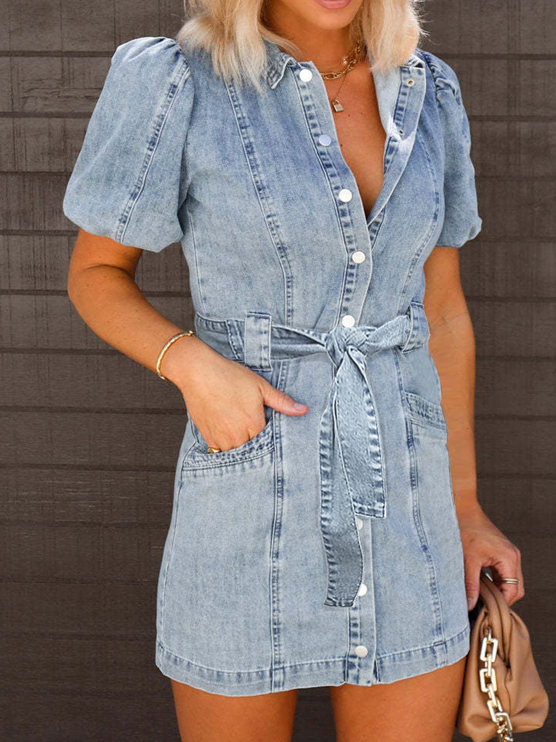 Trendsi Puff Sleeve Button Up Mini Denim Dress Puff Sleeve Button Up Mini Denim Dress
