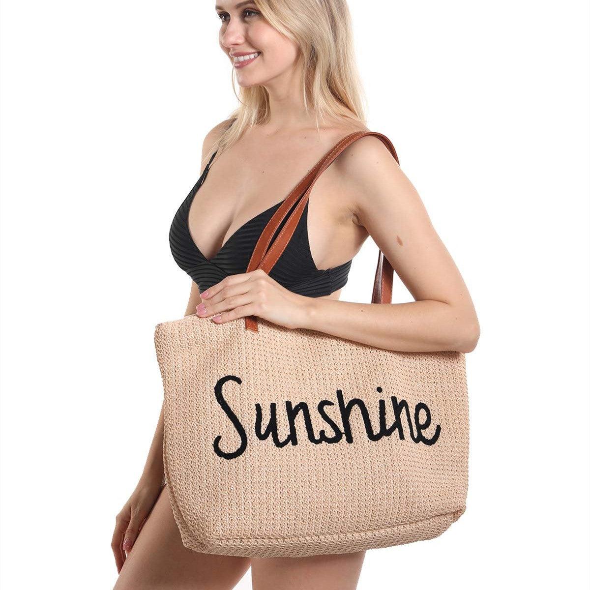 Basic Beaches Collective Beige Letters Sunshine Straw Beach Bag Sunshine Straw Beach Bag
