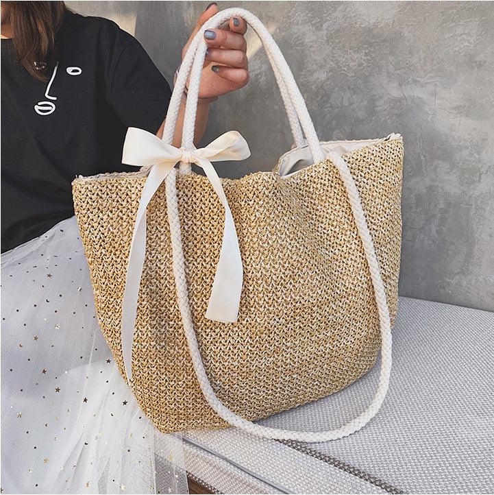 Basic Beaches Collective Beige Woven straw bag bow ladies tote bag Woven straw bag bow ladies tote bag