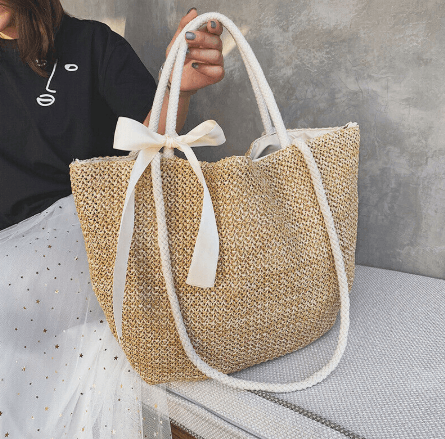 Basic Beaches Collective Beige Woven straw bag bow ladies tote bag Woven straw bag bow ladies tote bag