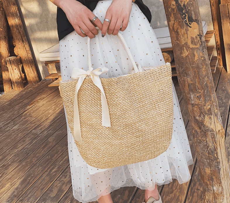 Basic Beaches Collective Beige Woven straw bag bow ladies tote bag Woven straw bag bow ladies tote bag