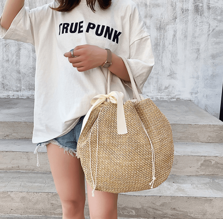 Basic Beaches Collective Beige Woven straw bag bow ladies tote bag Woven straw bag bow ladies tote bag