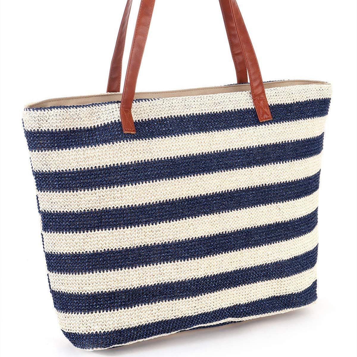 Basic Beaches Collective Blue Stripes Sunshine Straw Beach Bag Sunshine Straw Beach Bag