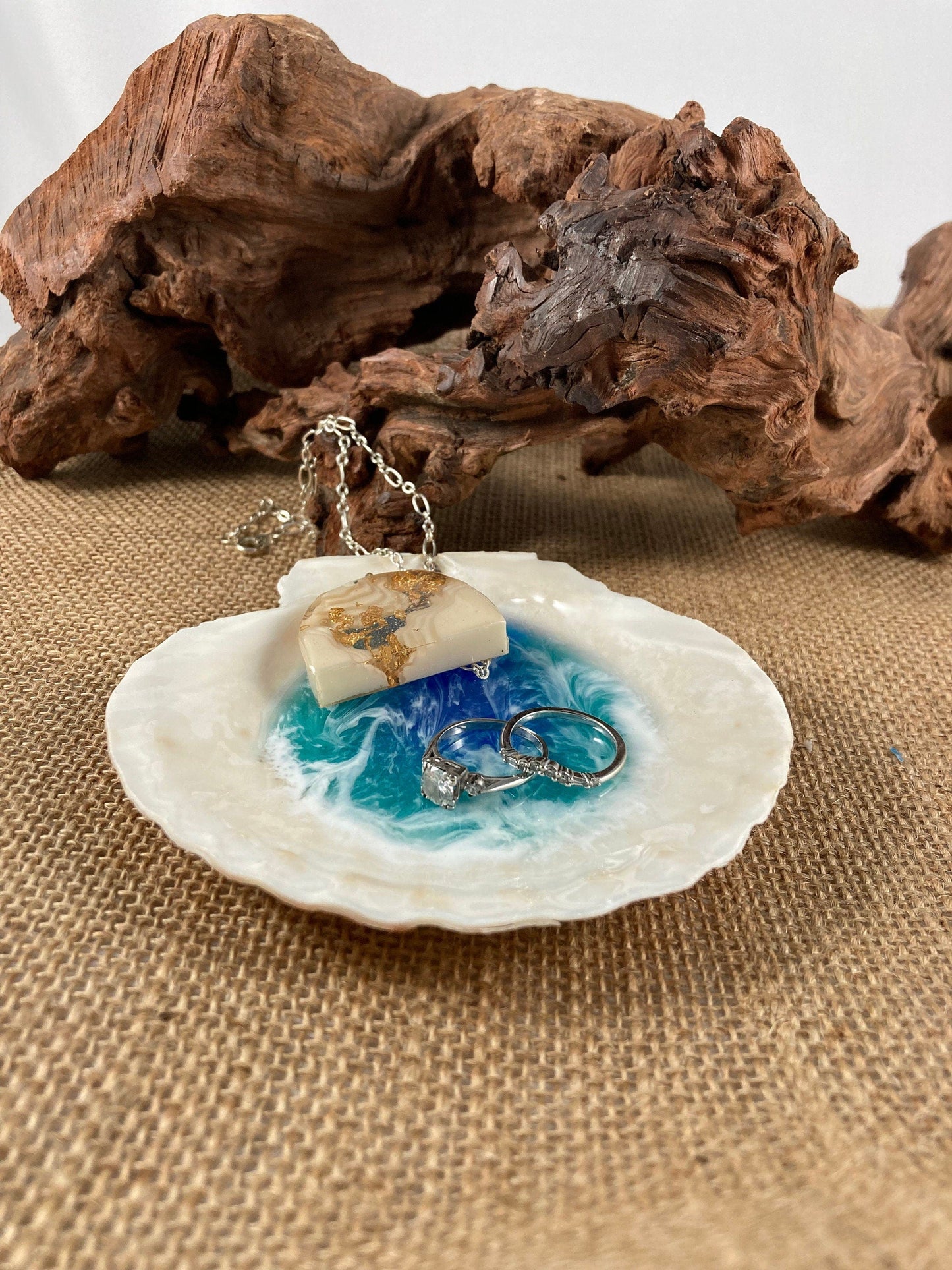 Basic Beaches Collective Large Ocean Resin Scallop Shell Jewelry Trinket Dish Large Ocean Resin Scallop Shell Jewelry Trinket Dish