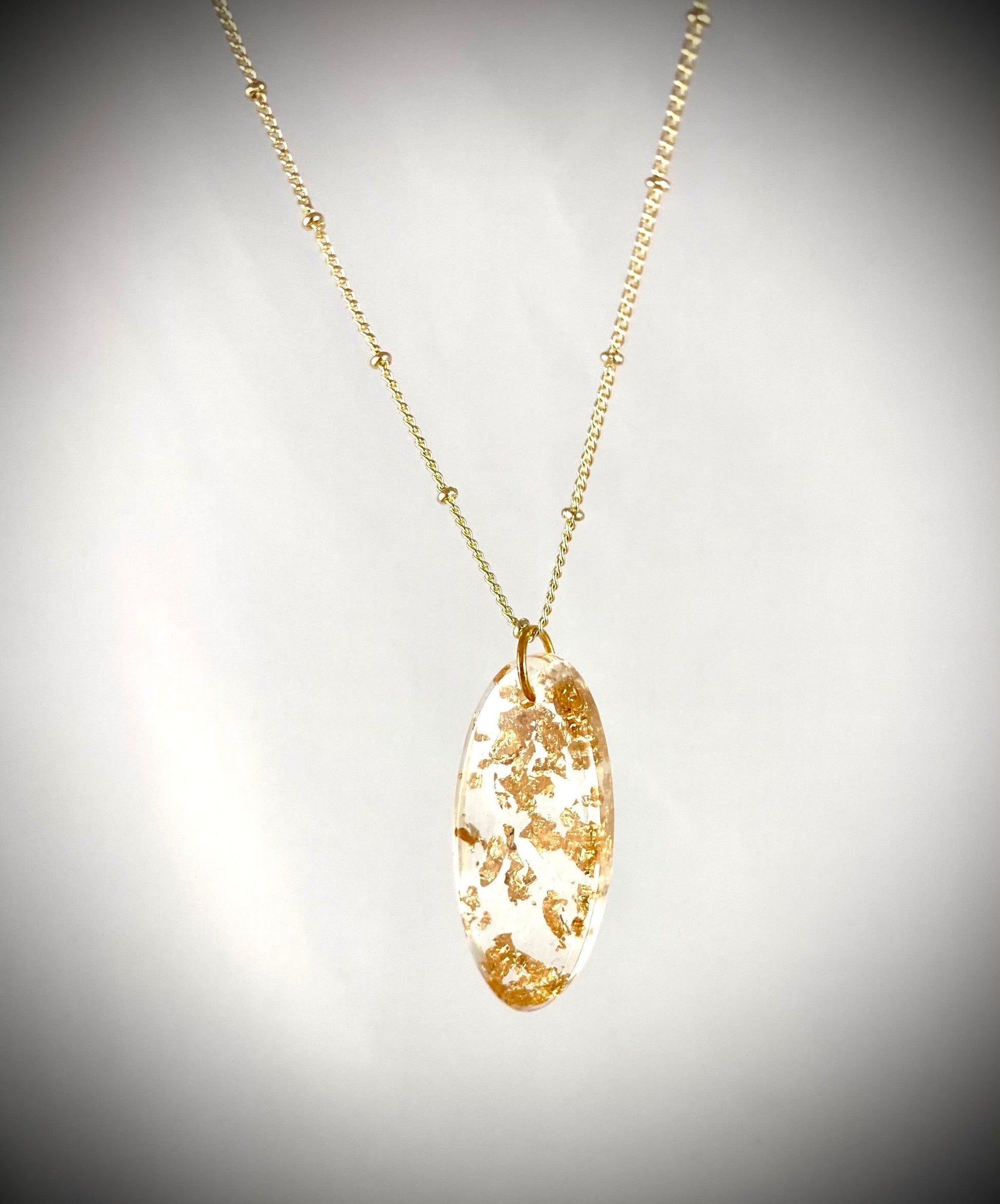 Basic Beaches Collective Resin Pendant Necklace with Gold Leaf Flakes - Handmade Statement Jewelry for Women Resin Pendant Necklace with Gold Leaf Flakes - Handmade Statement Jewelry for Women