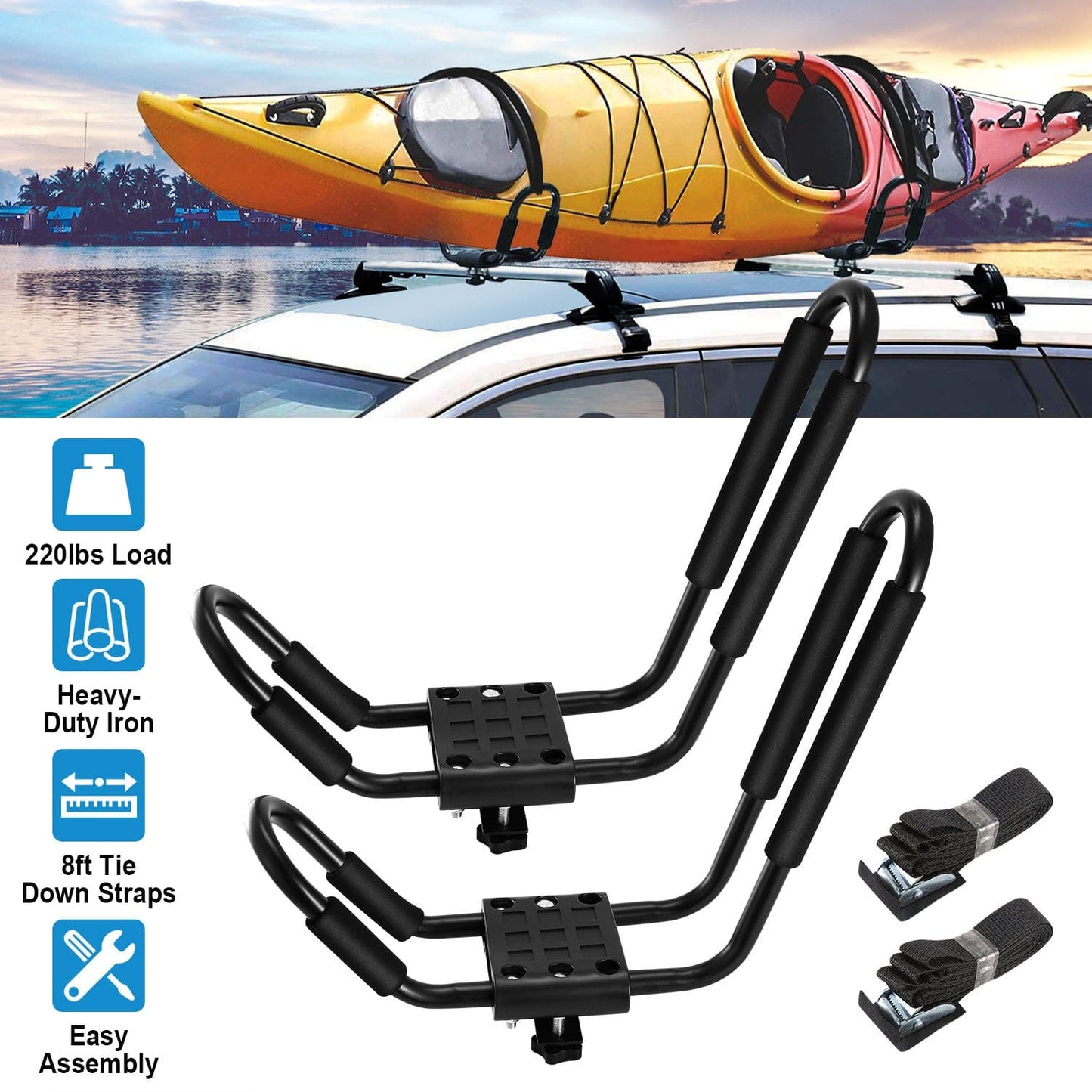 Doba Black 1 Pair Universal J-Bar Kayak Carrier 220LBS Load Heavy Duty Canoe Car Top Mount Carrier Roof Rack with 2Pcs Tie Down Straps 1 Pair Universal J-Bar Kayak Carrier 220LBS Load Heavy Duty Canoe Car Top Mount Carrier Roof Rack with 2Pcs Tie Down Straps