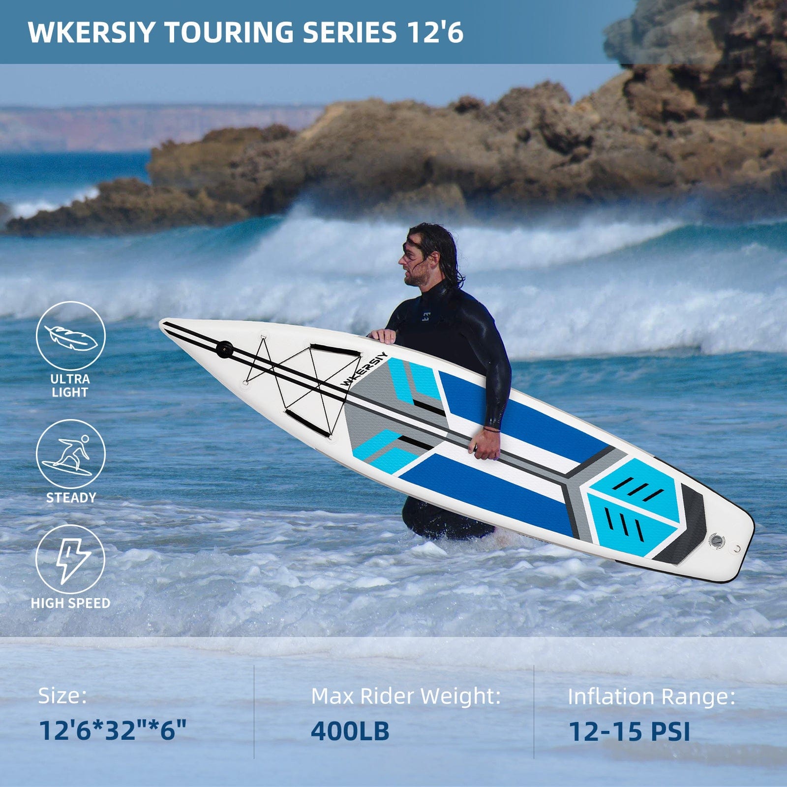 Doba Blue inflatable paddle board 12'6 touring Sup including sup paddle, paddleboard backpack, pump, leash inflatable paddle board 12'6 touring Sup including sup paddle, paddleboard backpack, pump, leash