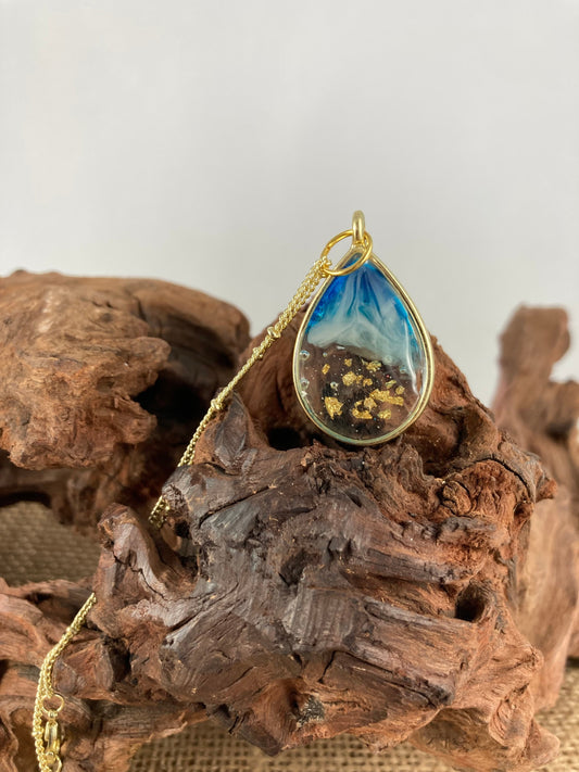 Resin Ocean Pendant Necklace with Gold Leaf Flakes - Handmade Statement Jewelry for Women